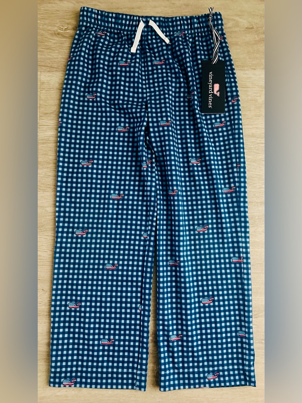 VINEYARD VINES Boys’ Blue Gingham American Flag Whale Pajama Pants, Size 7